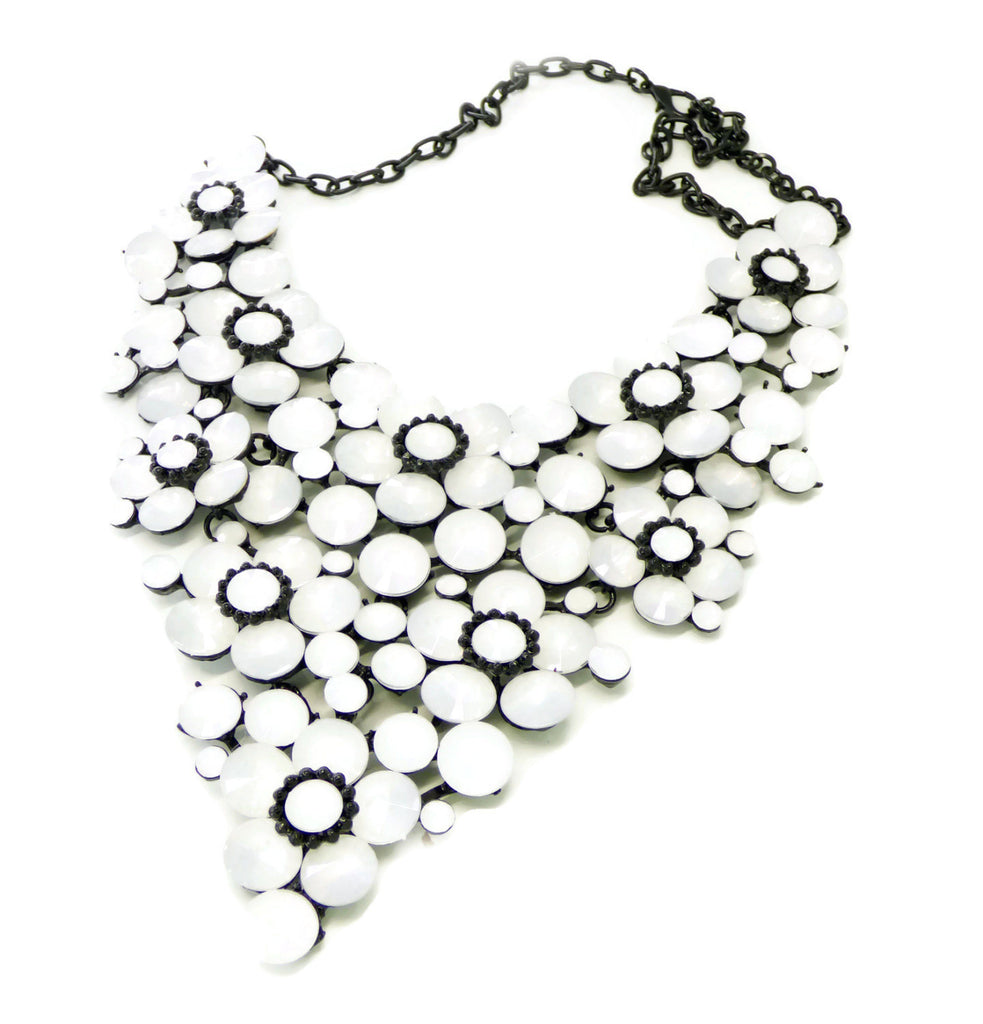 Rhinestone Statement Massive Necklace White Flowers, Gun Metal