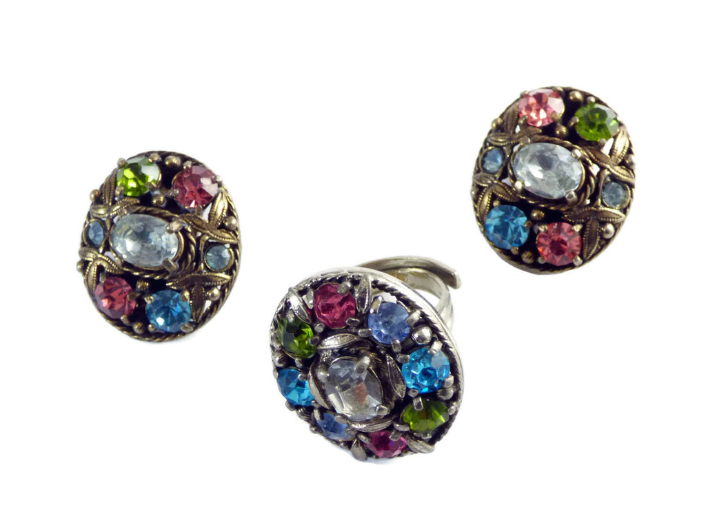Hollycraft pastel Rhinestone Fruit Salad Clip Earrings and Ring