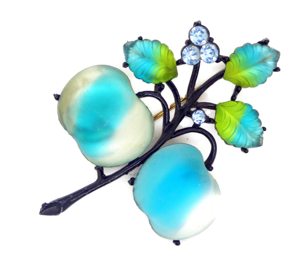 Austria Double Cherries Aqua Blue and Frosted White Glass Fruit Brooch