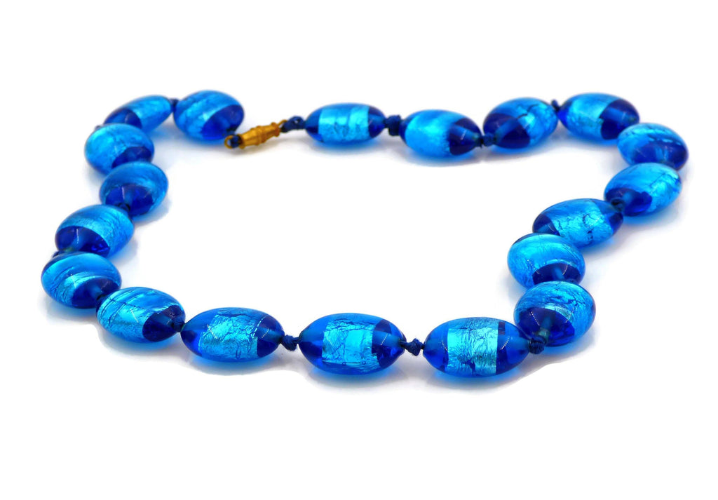 Art Deco Peacock Blue Foil Art Glass Necklace