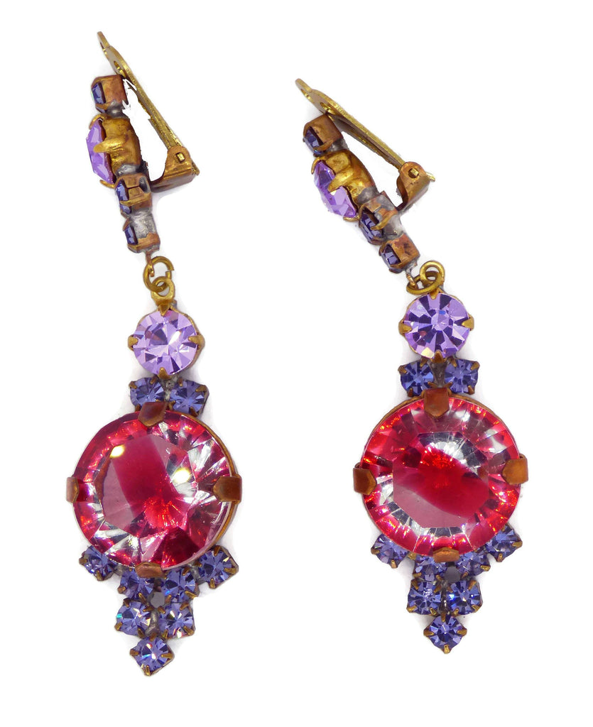 Czech Glass Rhinestone Pink Givre Dangling Clip Earrings