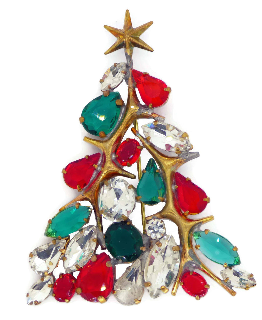 Rhinestone Christmas Tree Pin with Gold Star
