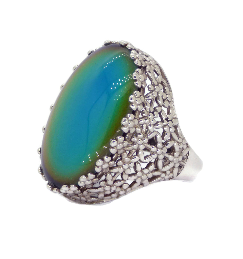 Large 18 x 25 oval Sterling Silver Flower Mood Ring, Adjustable