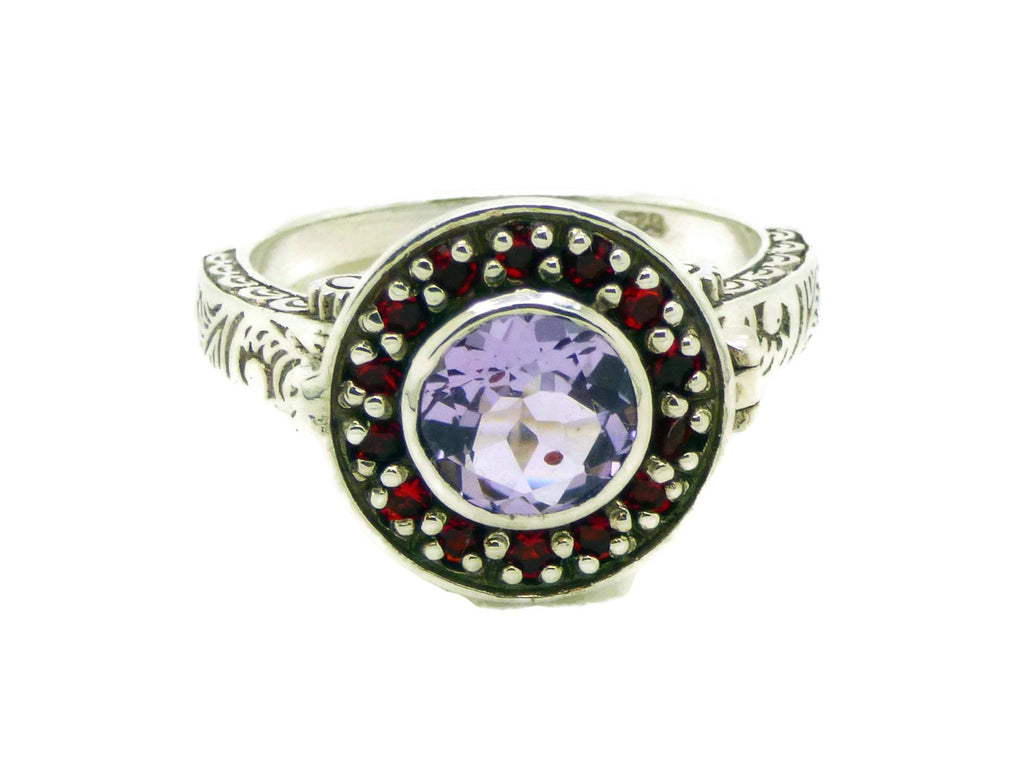 Amethyst and Rubelite Sterling Silver Art Deco Poison Ring, Size 6