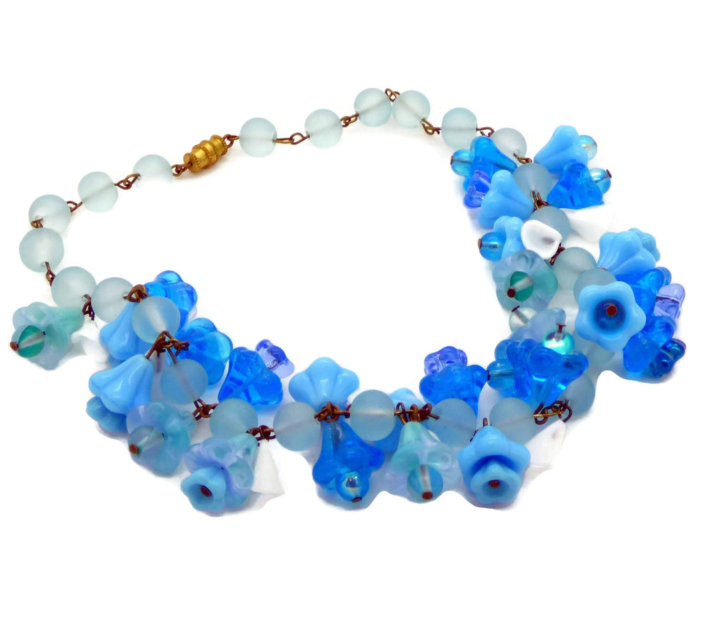 Blue Glass Beaded Glass Flower Necklace