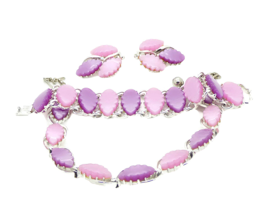 Vintage Thermoset Pearly Pink and Purple Necklace, Bracelet, Clip Earrings