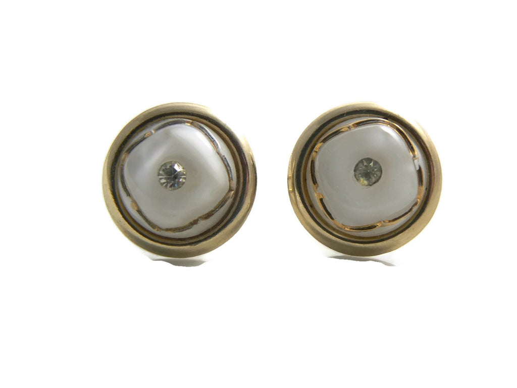 Vintage White Glass and Rhinestone Cuff Links Cufflinks
