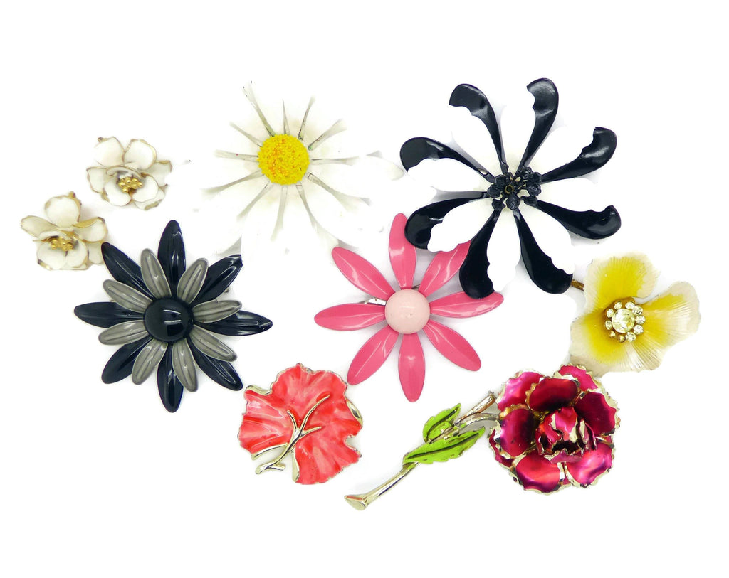 Enamel Flower Lot, 7 pins, Flower Brooches, 1 pair Clip Earrings
