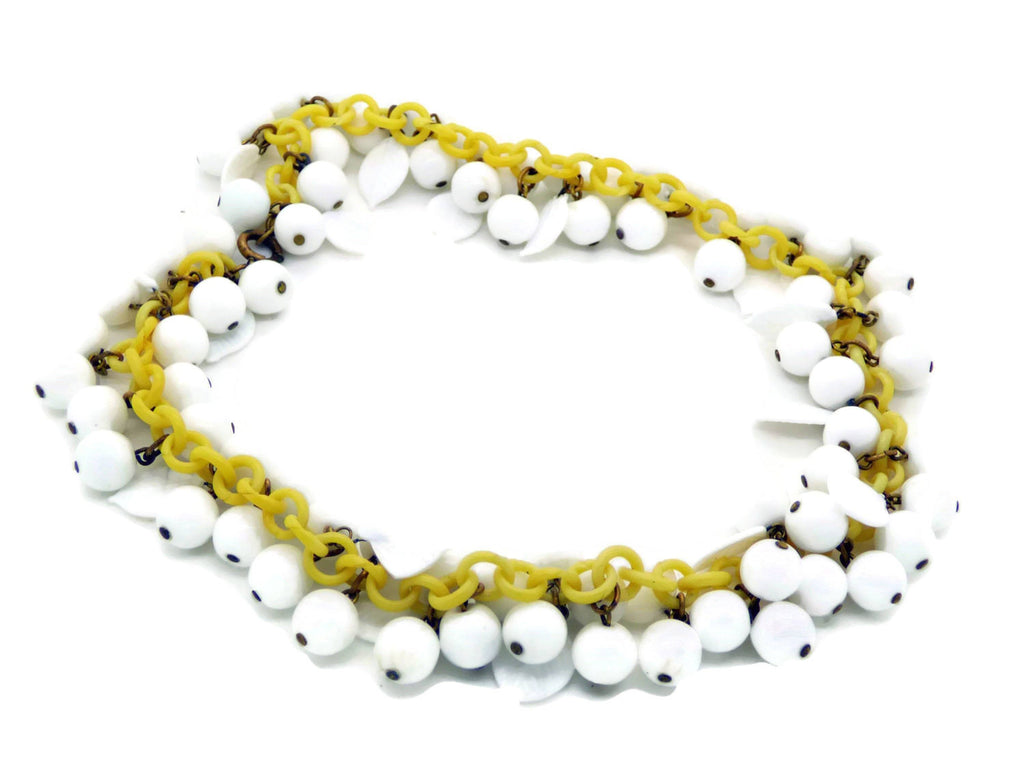 Vintage White Milk Glass Beads and Leaves Dangle Celluloid Plastic Chain Necklace
