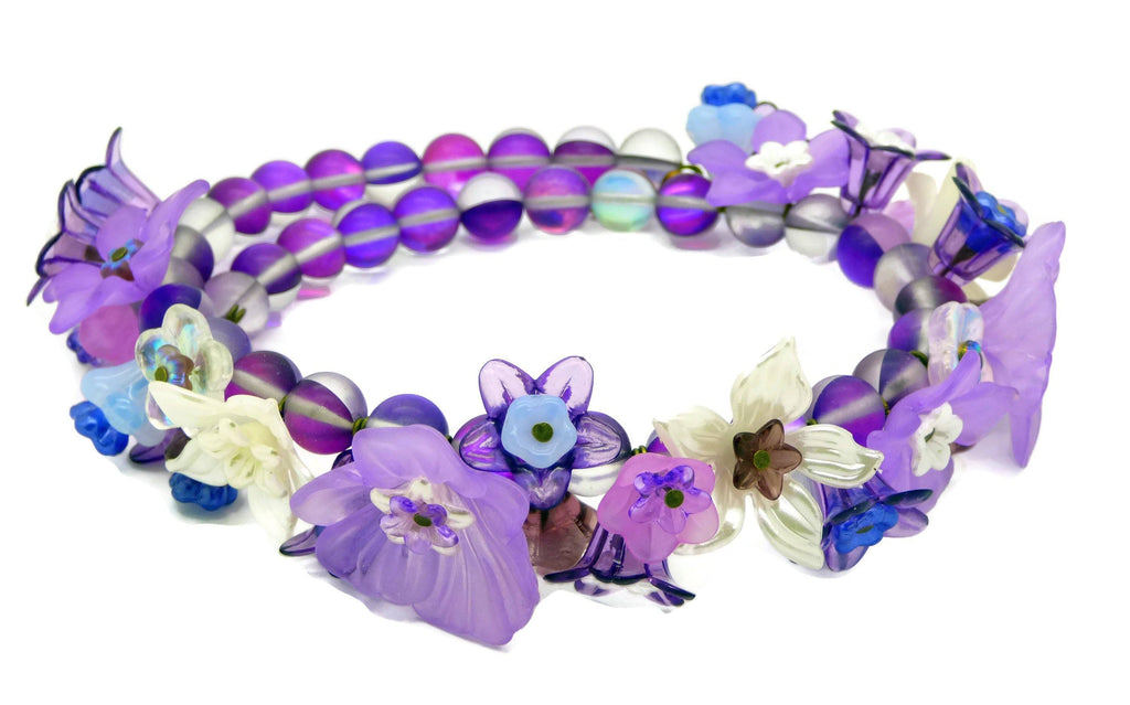 Purple, Lavender Lucite Flowers, Glass Flowers Purple Beaded Necklace
