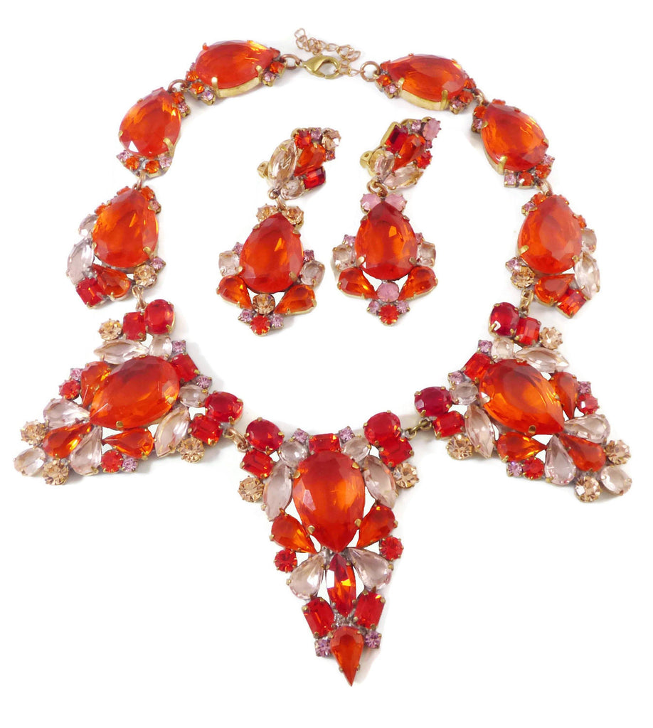 Huge Rhinestone Set Designed in Hyacinth and Pink Colors with matching Clip Earrings, Czech glass