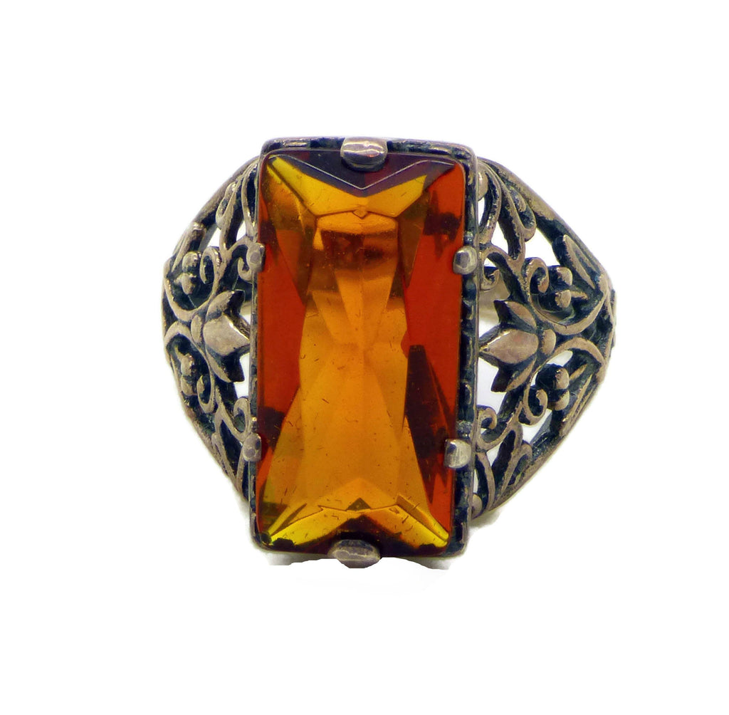 Orange Citrine Sterling Leaf Art Nouveau Filigree Ring