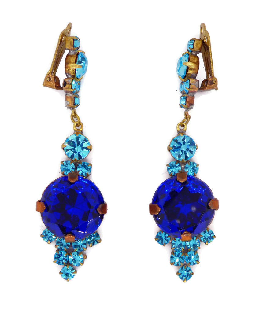 Czech Glass Rhinestone Blue Dangling Clip Earrings