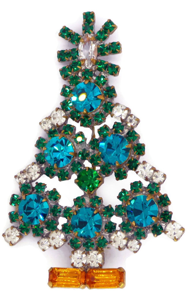 Blue Rhinestone Christmas Tree Brooch