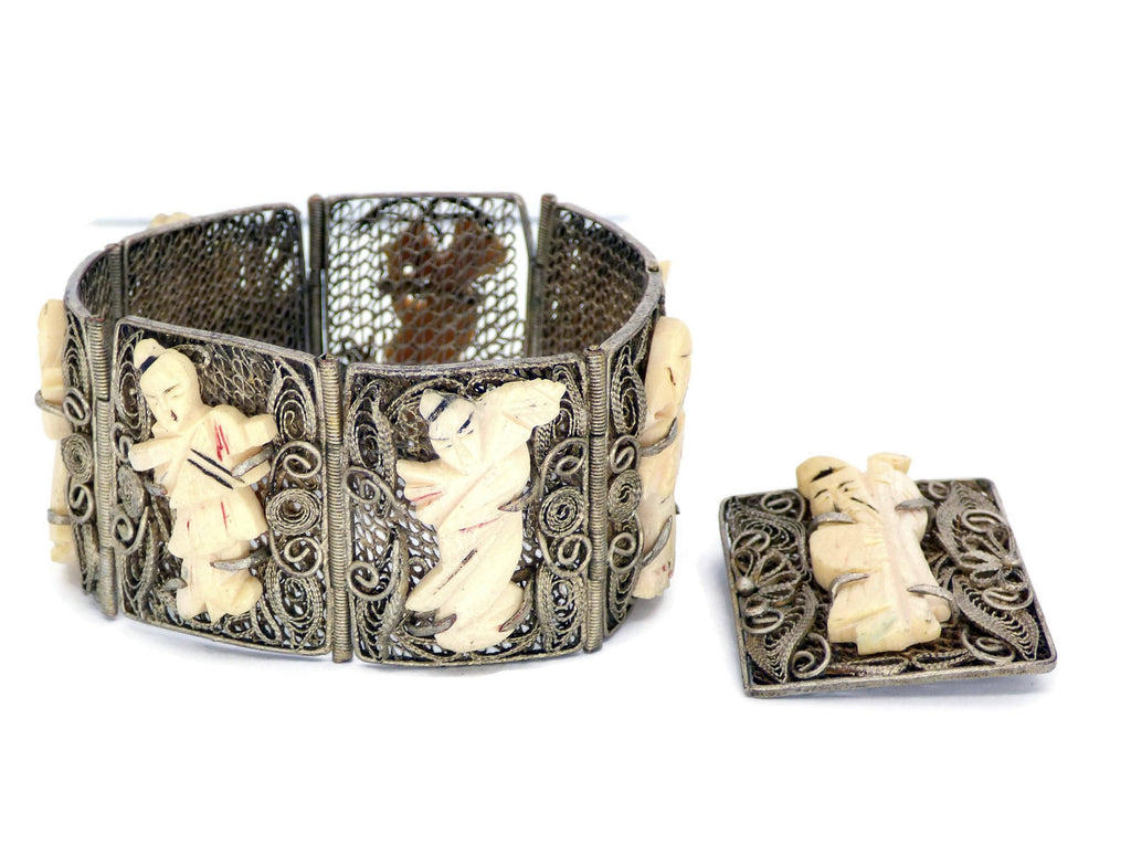 Antique Chinese Export Carved Bovine Bone Silver Filigree Bracelet and Pin