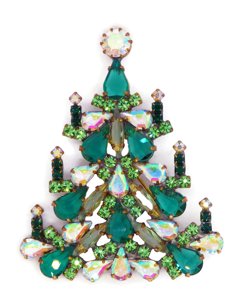 Czech Glass Green Christmas Tree Brooch
