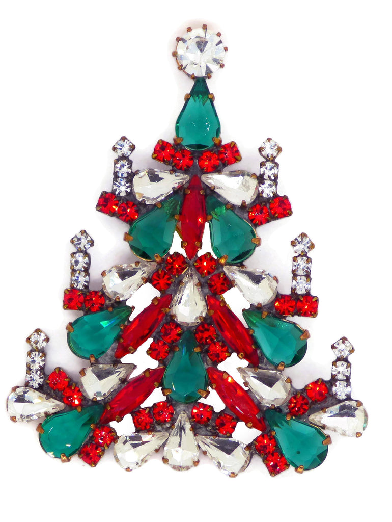 Czech Glass Christmas Tree Brooch with Candles, Vintage Rhinestones Xmas Tree Pin
