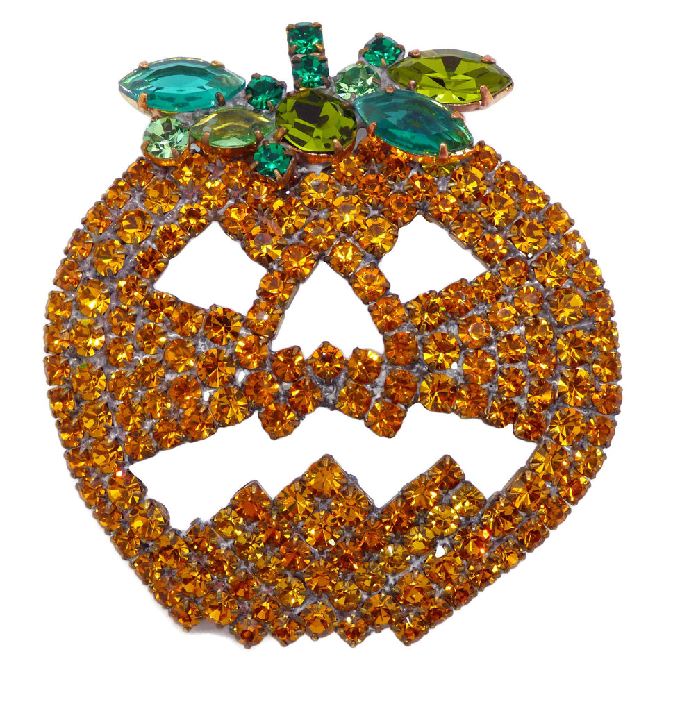 Halloween Jack O'Lantern Pumpkin Czech Glass Rhinestone Brooch