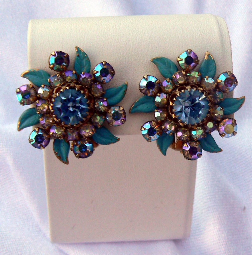 Weiss Ny Blue Rhinestone And Enamel Leaf Earrings