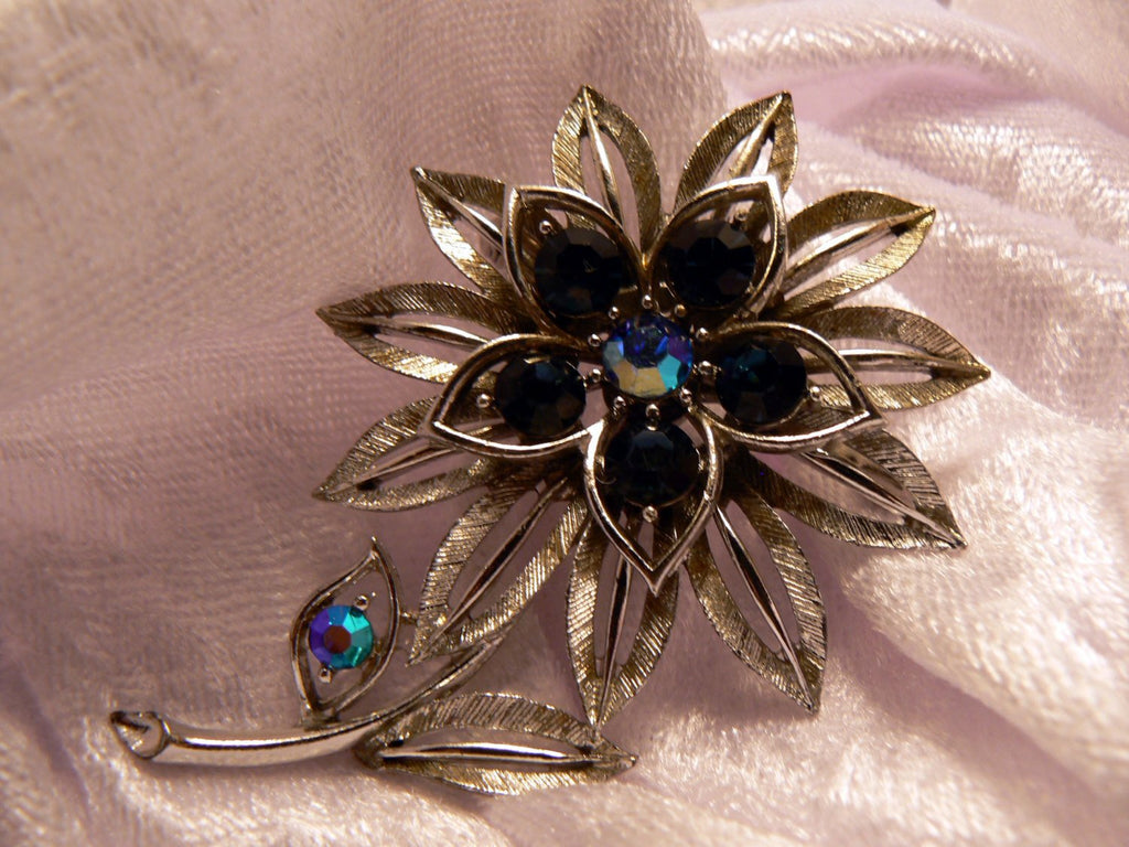 Lisner Blue Rhinestones Flower Brooch