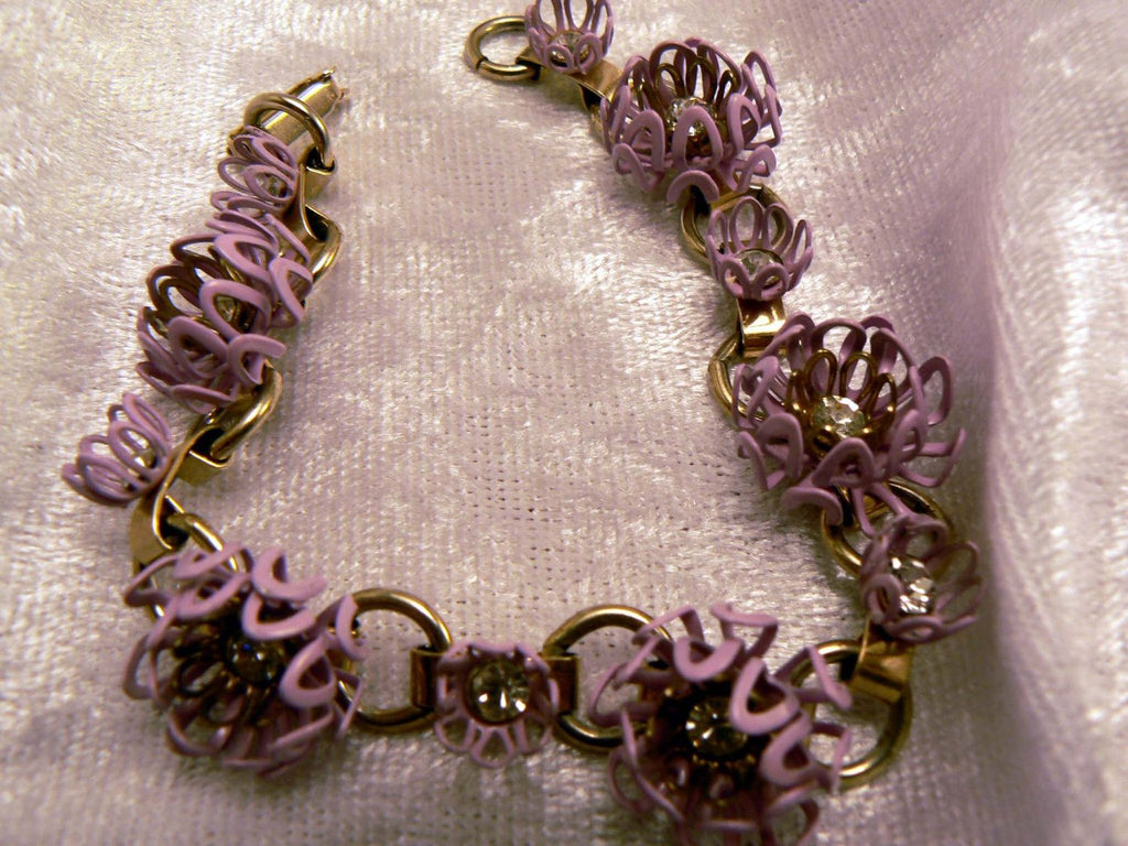 Lavender Filigree Enamel Rhinestone Flower And Bracelet Set - Vintage Lane Jewelry