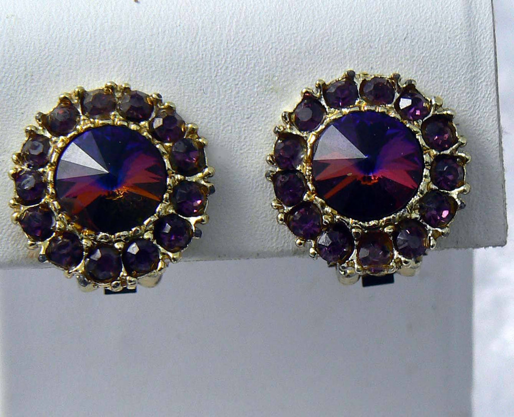 Vintage Purple Rivoli Rhinestone Button Earrings