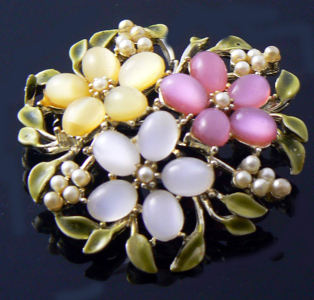 Vintage Pearl, Enamel And Glass Flowers Brooch