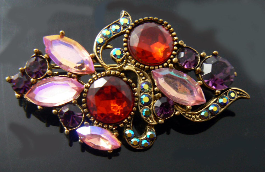 Vintage Brooch With Red, Pink, Purple And Ab Rhinestones