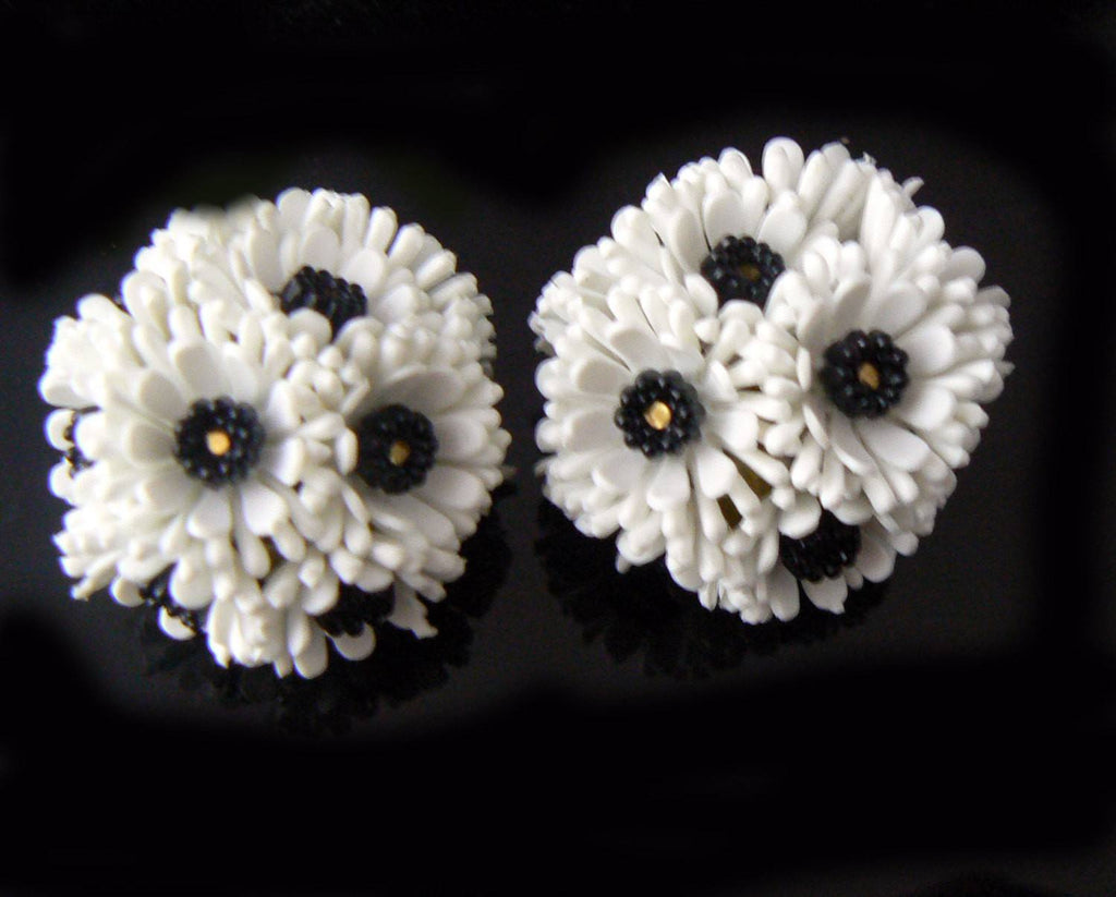 West Germany White Plastic Bouquet Floral Earrings.
