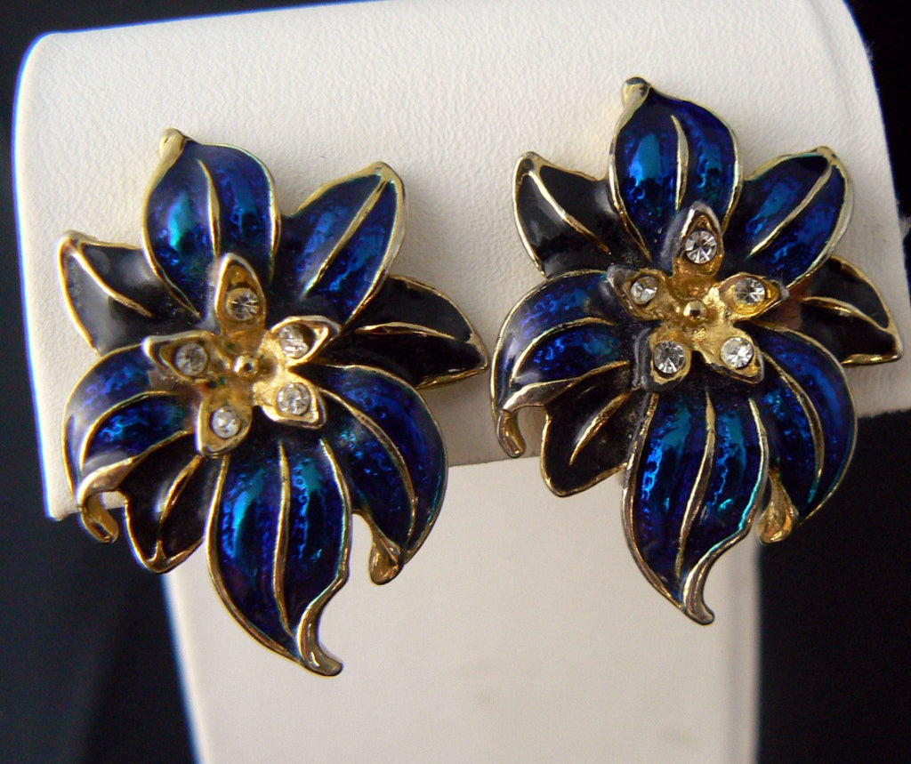 Blue Enamel Rhinestone Ice Flower Earrings