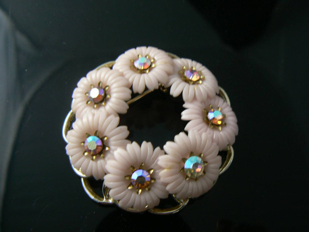 Vintage Pink Ab Rhinestone Lucite Flower Wreath Brooch