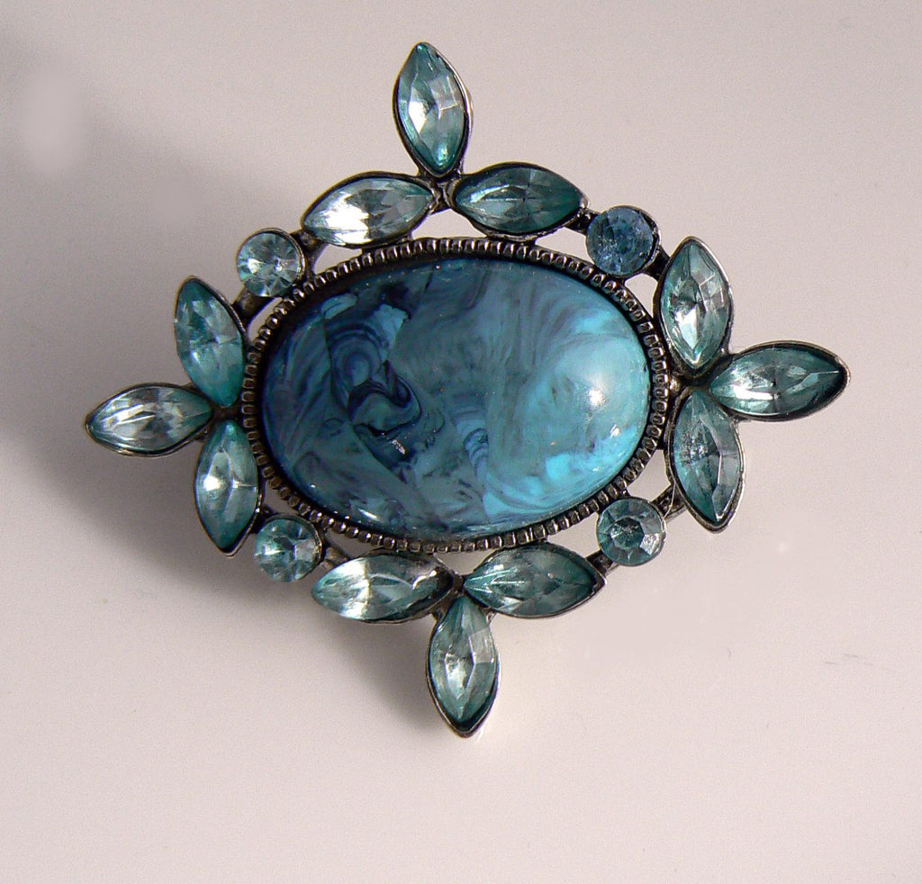 Blue Swirl Lucite And Aquamarine Crystal Brooch