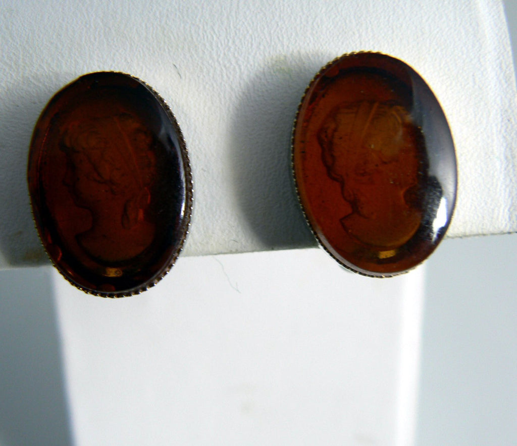 Amber Glass Intaglio Cameo Clip Earrings
