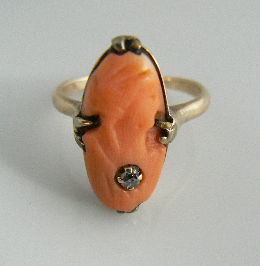 Carved Coral High Relief Diamond Cameo Ring