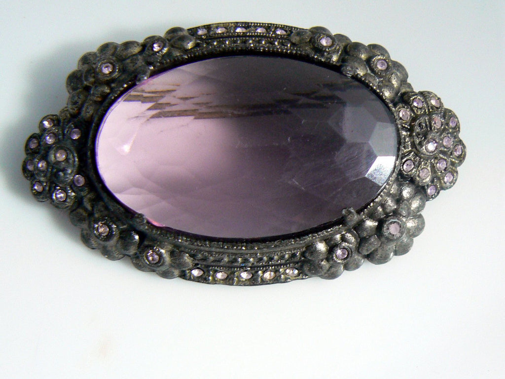 1930's Large Pot Metal Purple Glass Brooch