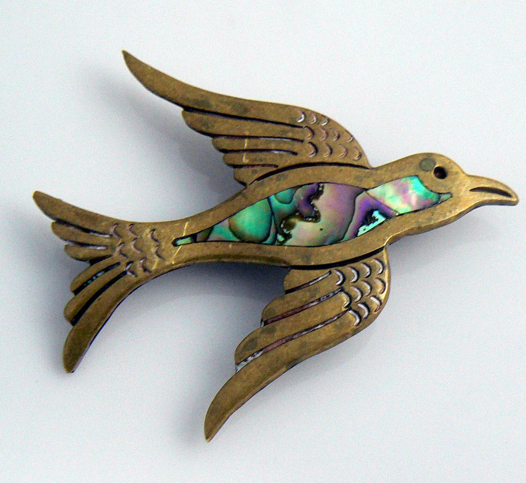 Vintage Copper And Abalone Bird Brooch Signed Taxco Hecho Mexico
