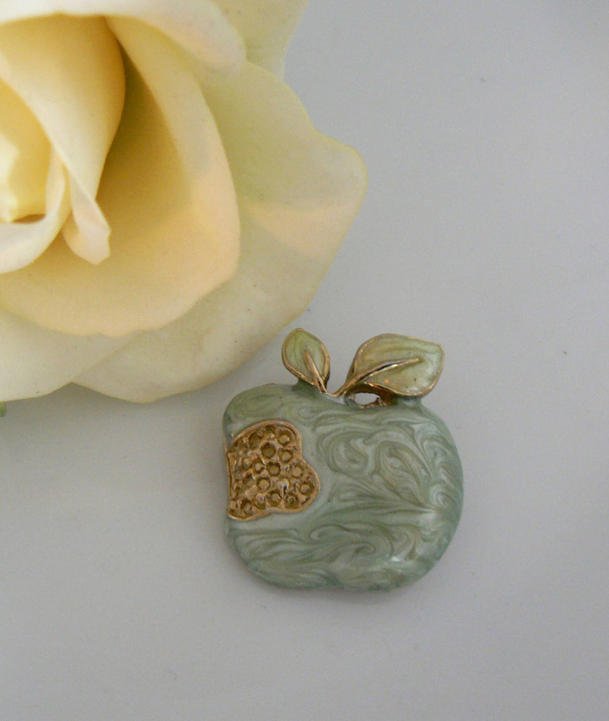 Vintage Green Marbled Guillouche Enamel Apple Brooch