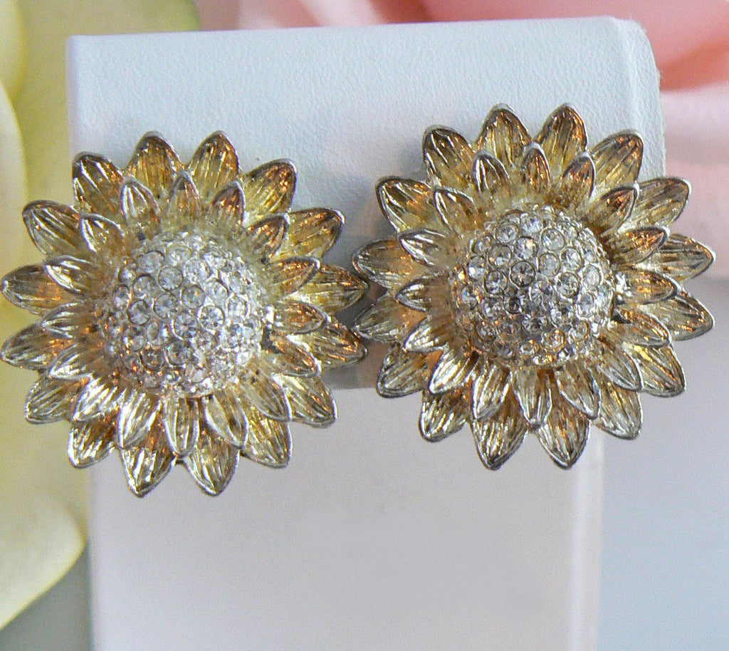 Gold Tone Sunflower Clip On Earrings