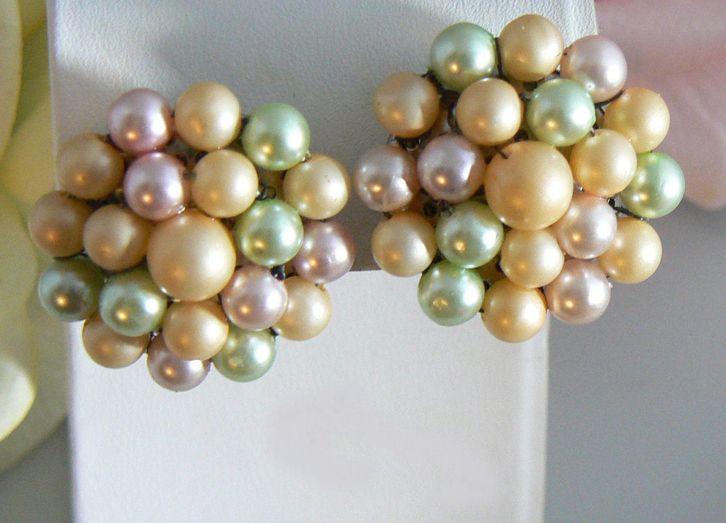 Faux Pearl Pastel Cluster Clip On Earrings