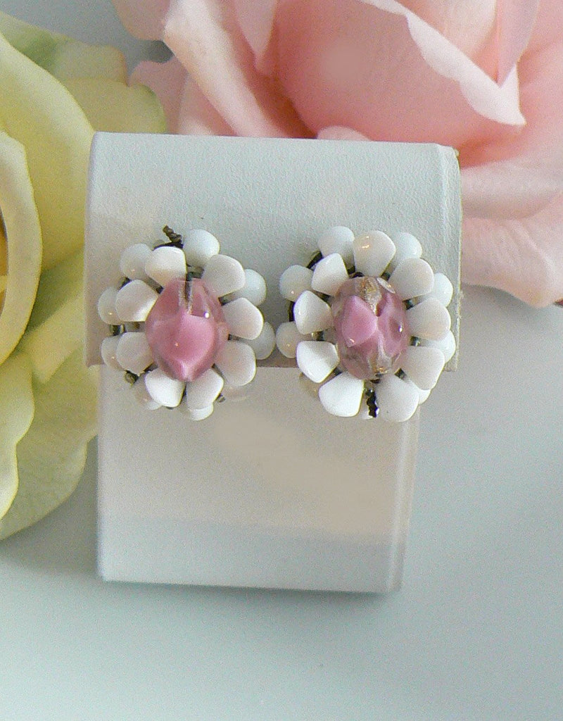 White Plastic And Pink Glass Clip On Flower Earrings