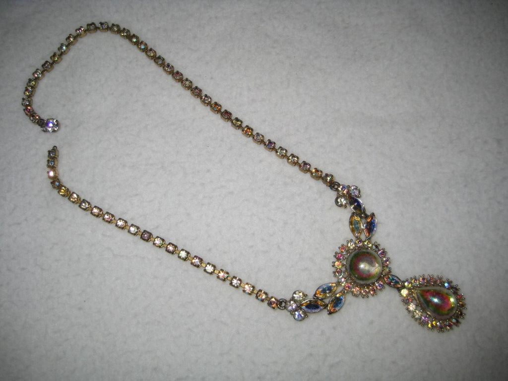 Ab Rhinestone Large Center Drop Dangle Necklace - Vintage Lane Jewelry