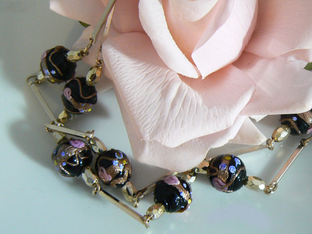Vintage Black Wedding Cake Venetian Beads Necklace