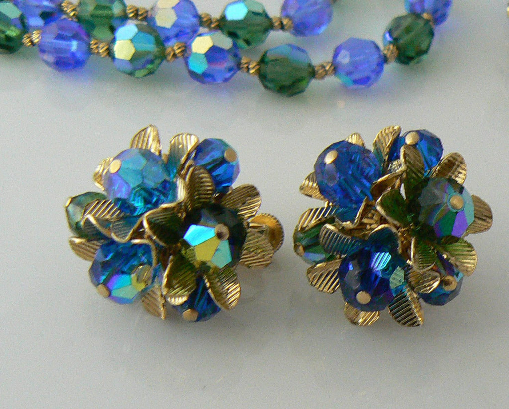 Vendome Crystal Blue Beaded Necklace Earring Set - Vintage Lane Jewelry