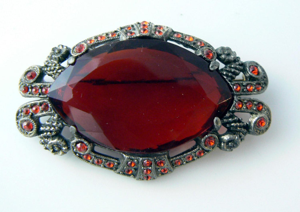 Antique Victorian Red Glass Pot Metal Brooch