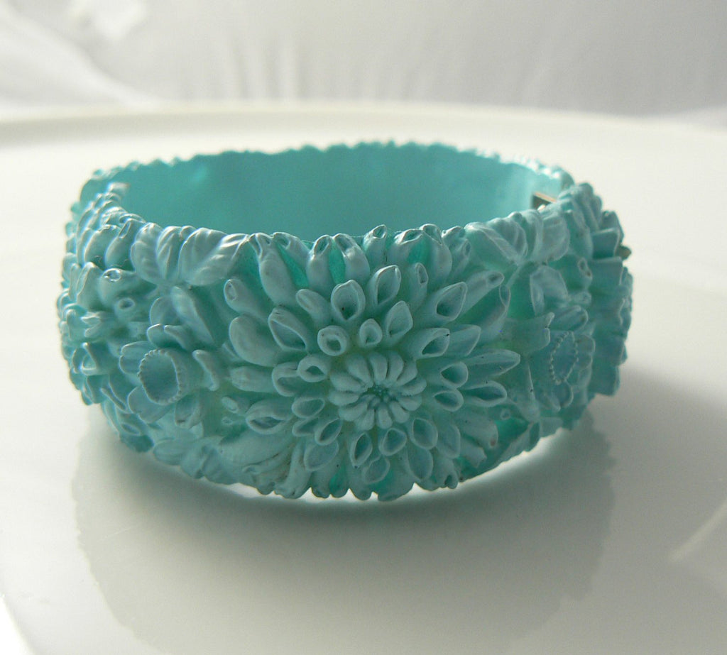 Vintage Rare Blue Carved Celluloid Clamper Bracelet