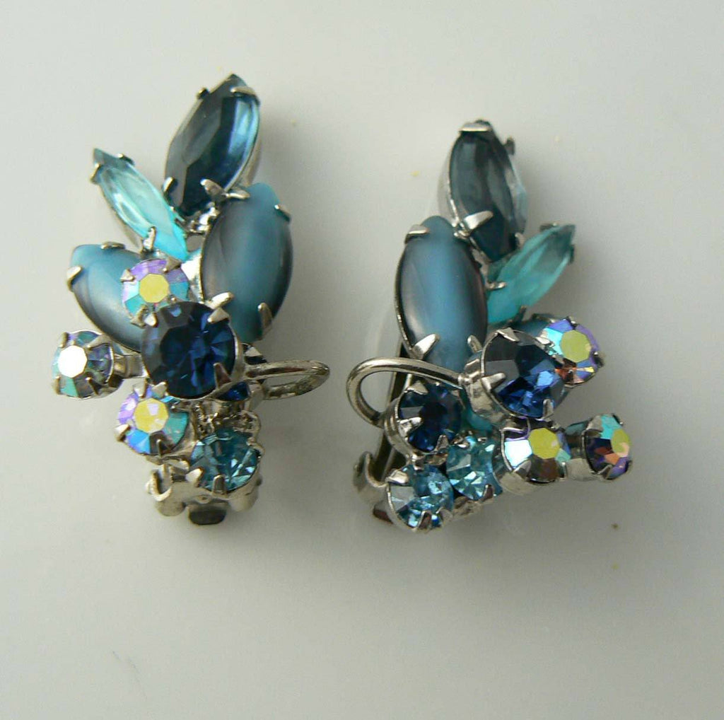 Vintage Juliana Steel Blue Ab Silver Tone Clip Earrings