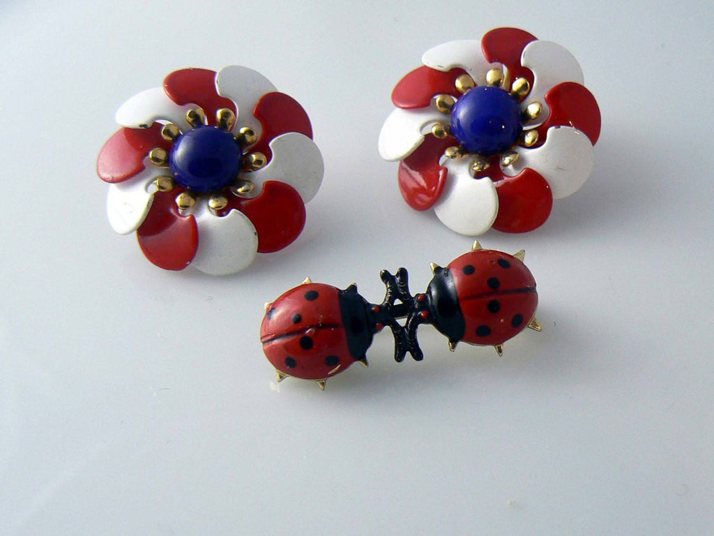 Red, White And Blue Enamel Flower Earrings And Enamel Ladybug Pin