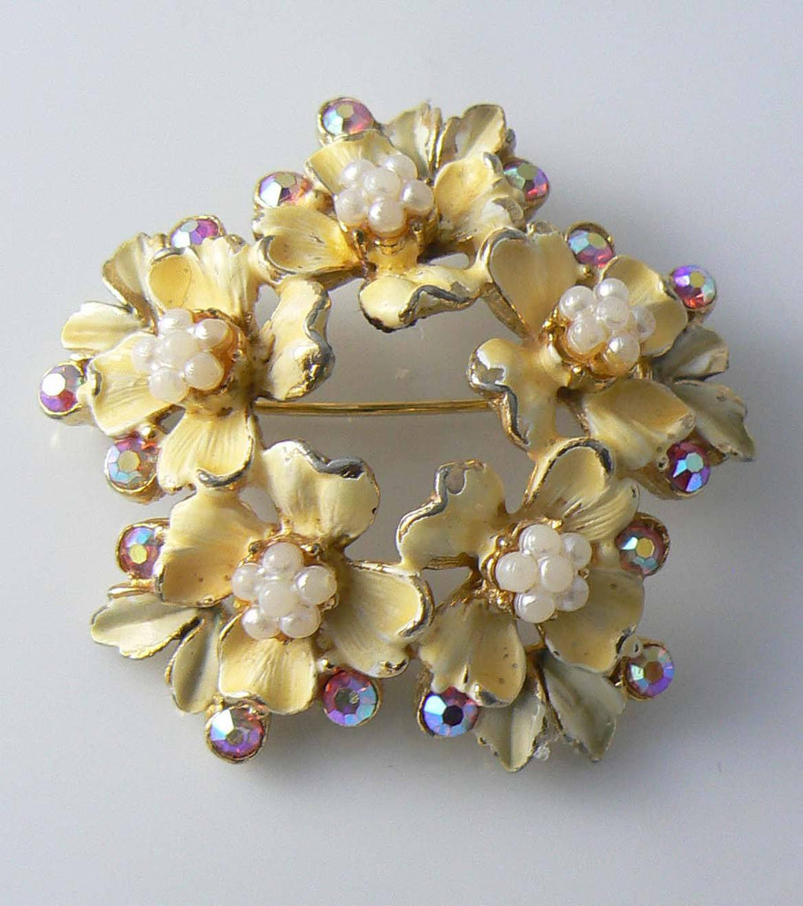 Beautiful Yellow Enamel, Faux Pearl And Ab Rhinestone Florenza Brooch