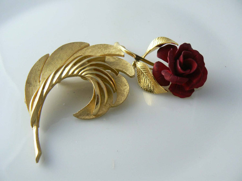 Red Rose And Gold Leaf Brooches