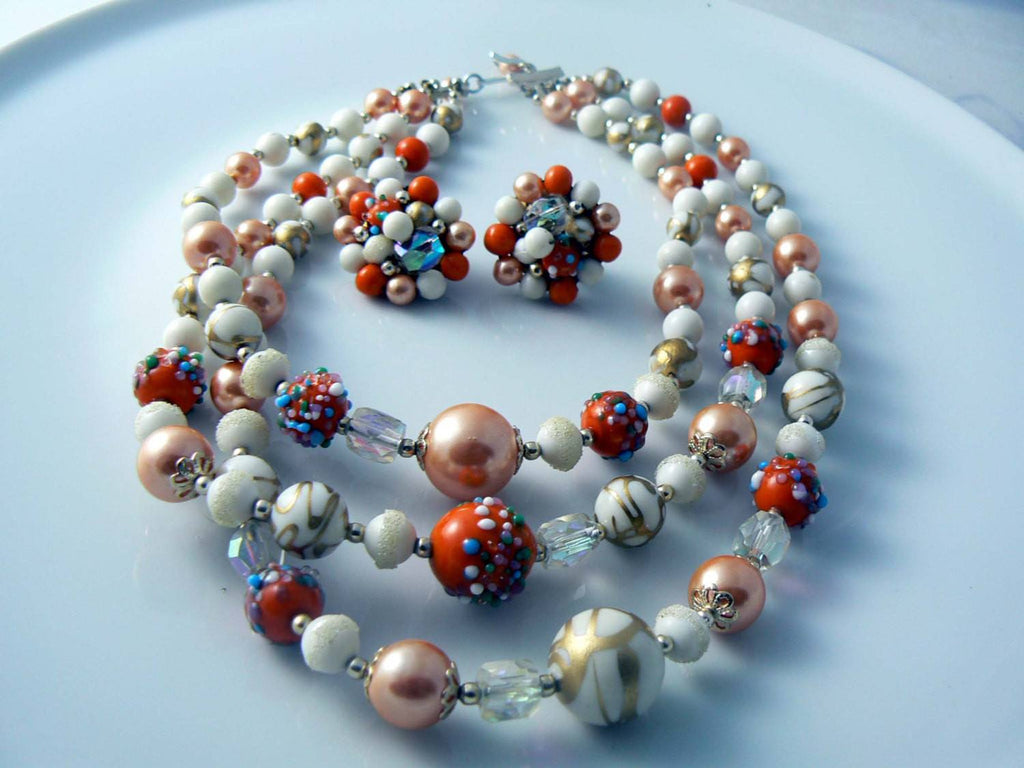 Signed Strand Beaded Japan Necklace And Clip Earrings Set